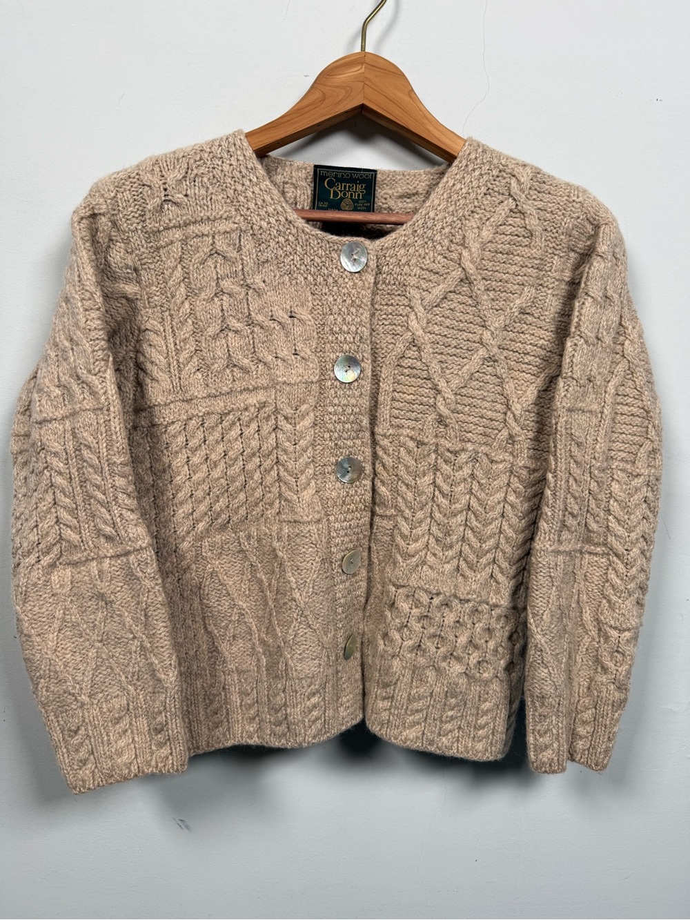 Vintage Carraig Donn Irish Merino Wool Cable Knit Cardigan Sweater Sz S